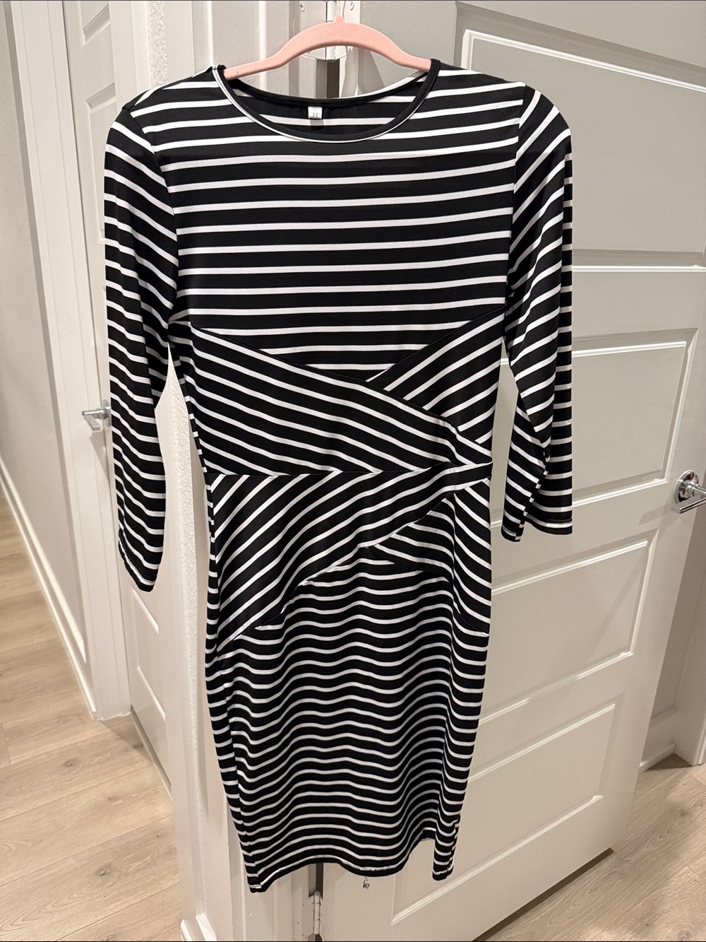 Black and White Striped Midi Dress with Waist Detail